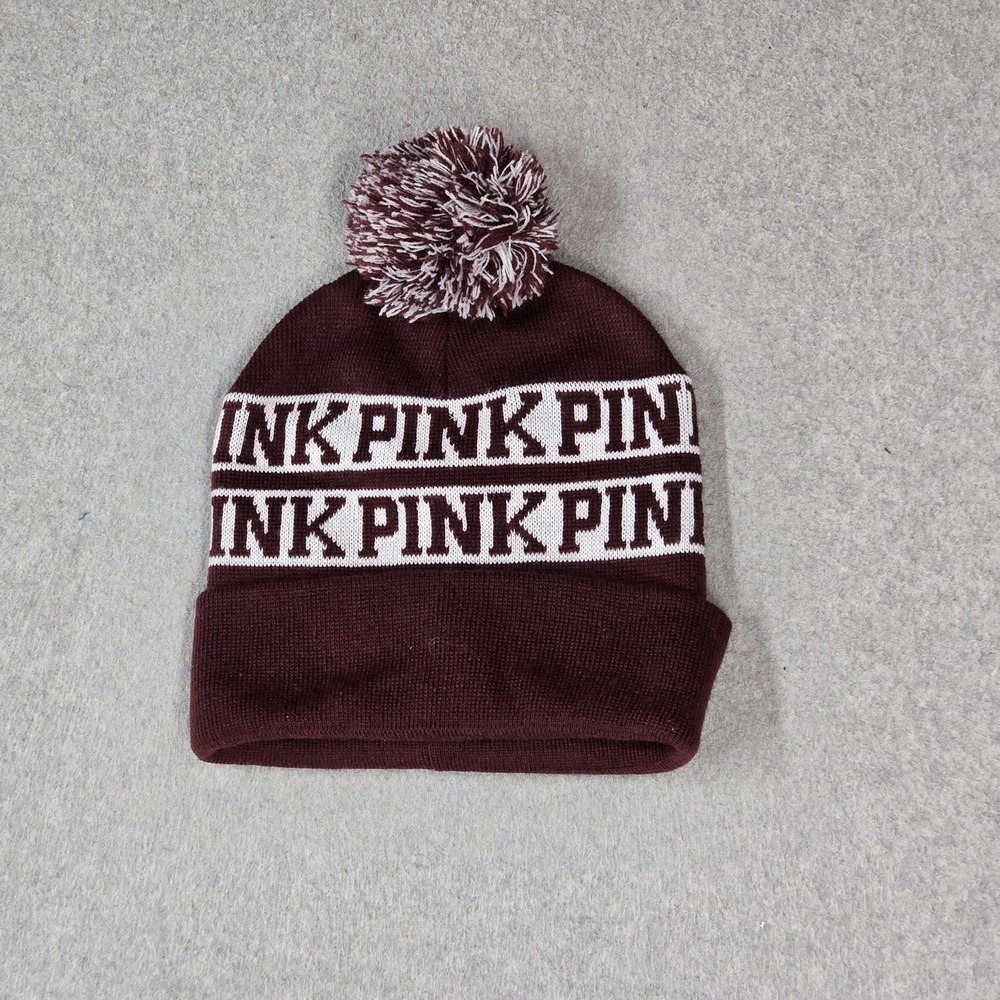 PINK Victoria's Secret Women Beanie ONE SIZE Burgundy Logo Pom Cuffed